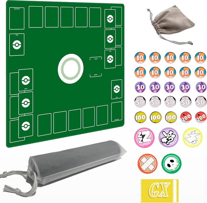 Extalas Playmat for Trading Card Game – 2-Player Trainer Mat with Damage Counters and Professional Storage Bag (Green, Large) - Image 1